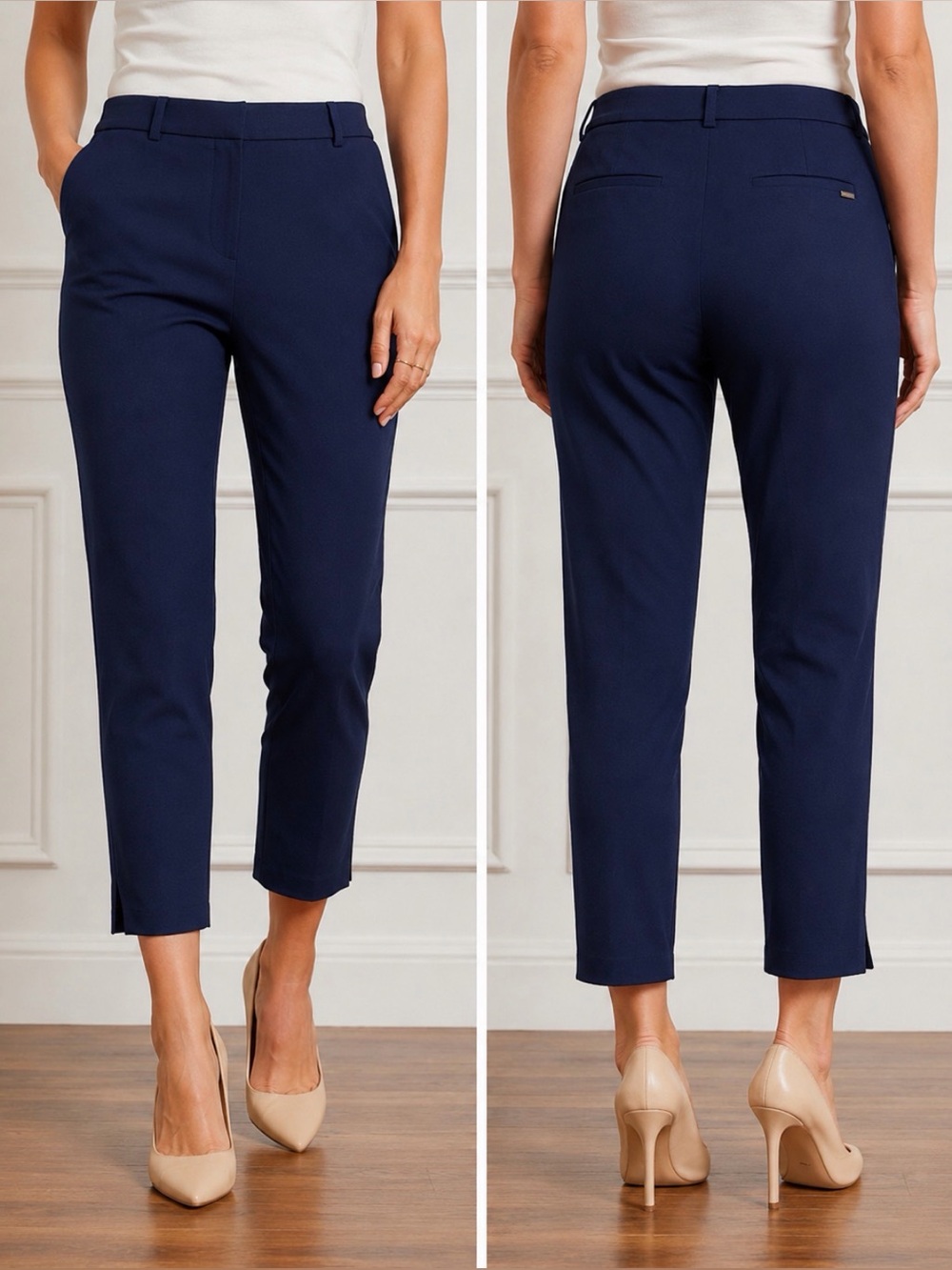 Cropped Slim Dress Pants - Navy